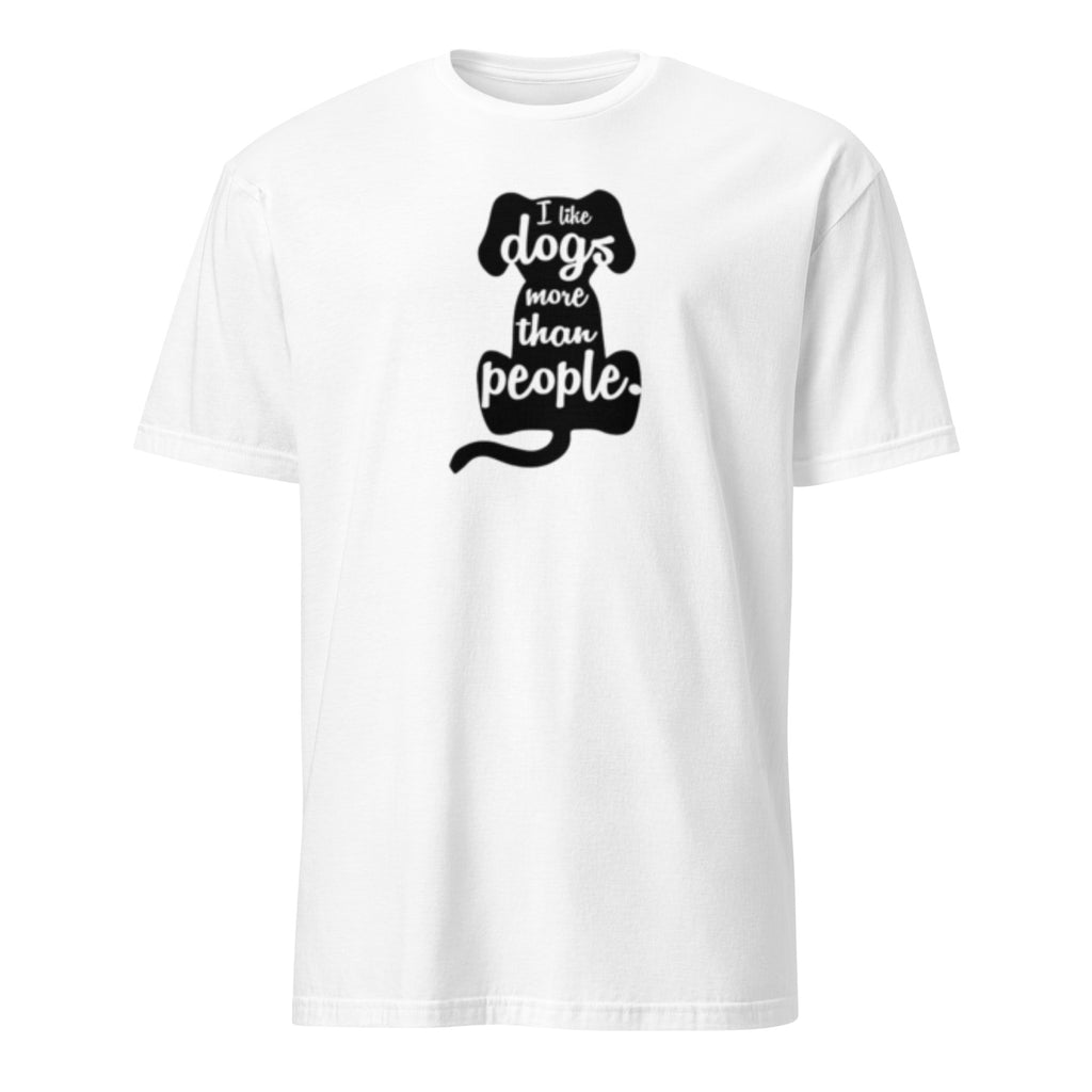White t-shirt with 'I Like Dogs More Than People" text inside a dog graphic on a white background