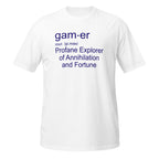 White t-shirt with Blue Gamer Definition text on a white background