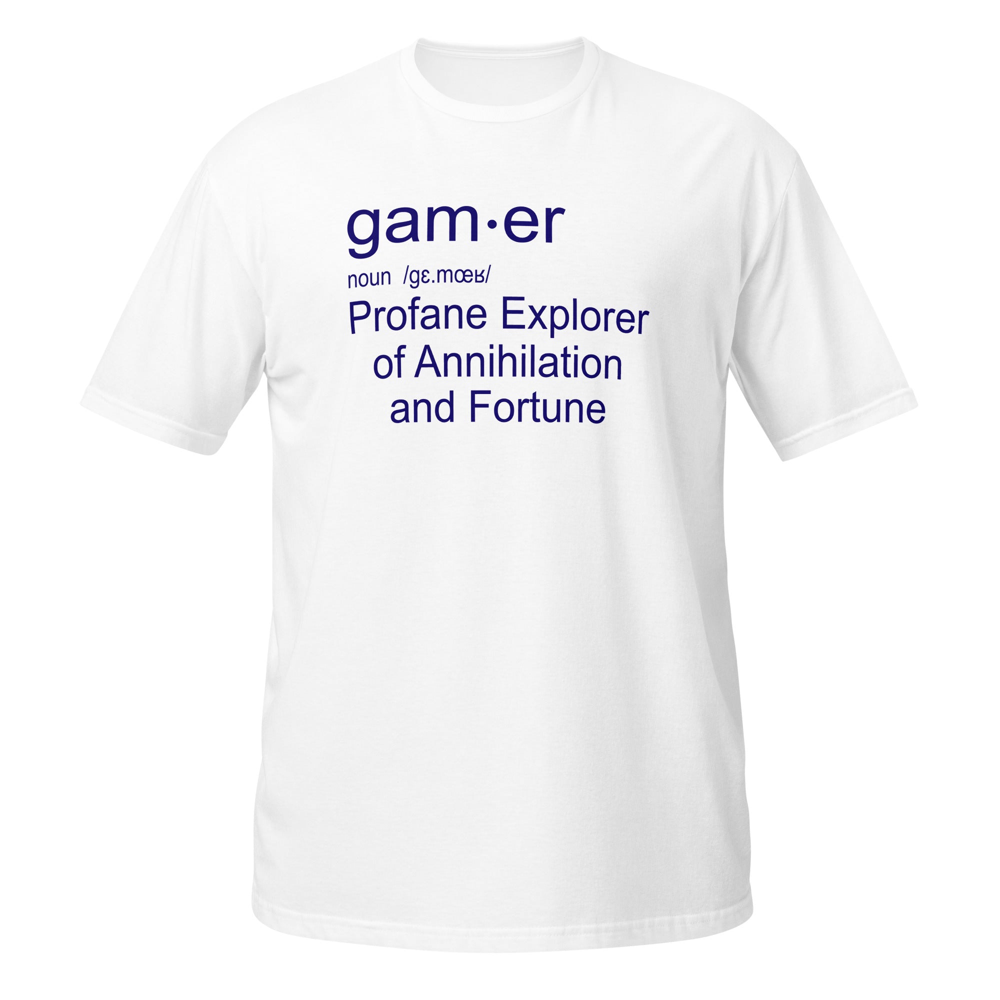 White t-shirt with Blue Gamer Definition text on a white background