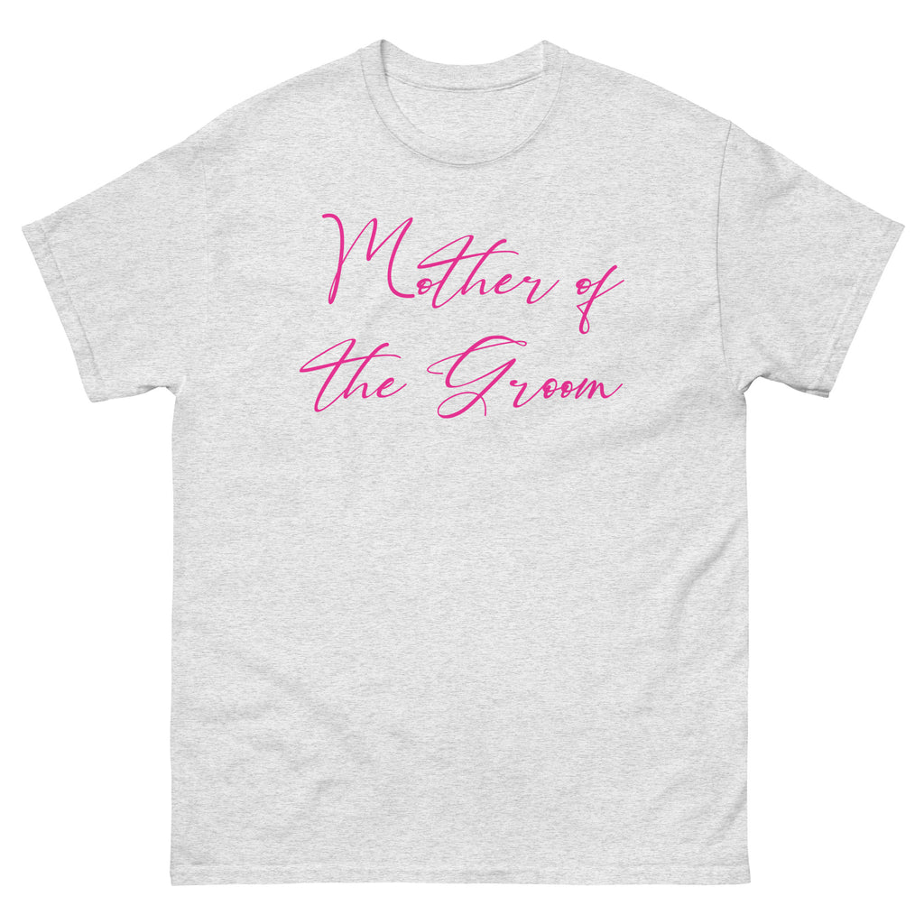 Ash t-shirt with 'Mother of the Groom' text in pink on a white background