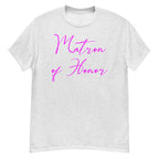 Ash t-shirt with 'Matron of Honor' text in pink on a white background
