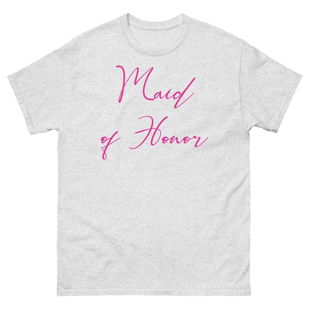 Ash t-shirt with 'Maid of Honor' in pink text on a white background