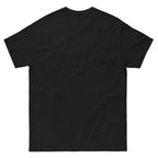 Back view of plain black t-shirt on a white background
