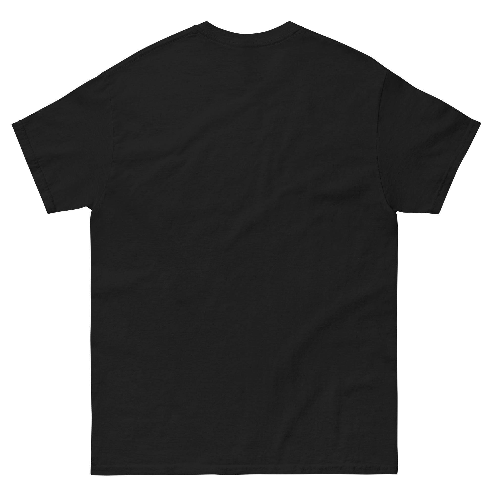 Back view of plain black t-shirt on a white background