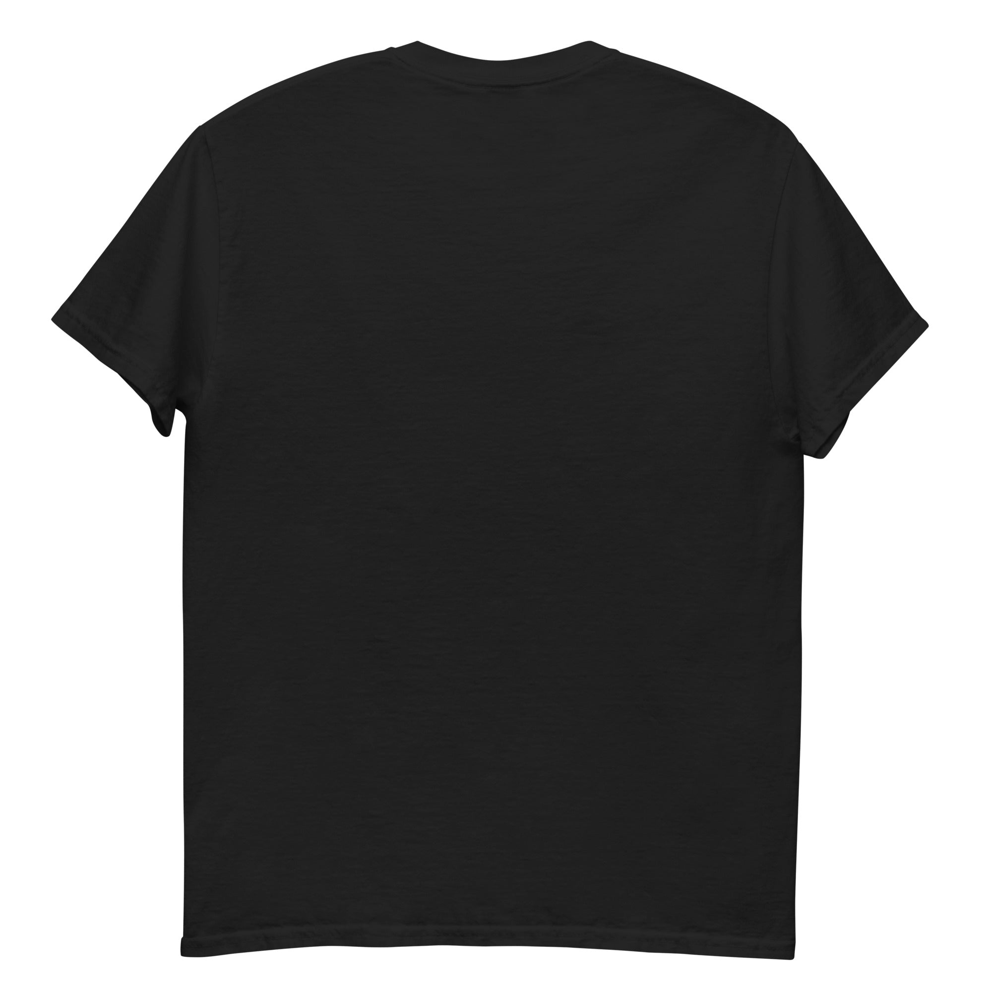 Back view of a plain black t-shirt on a white background