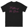 Black t-shirt with 'Mother of the Groom' text in pink on a white background