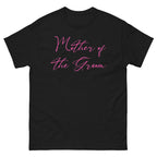 Black t-shirt with 'Mother of the Groom' text in pink on a white background