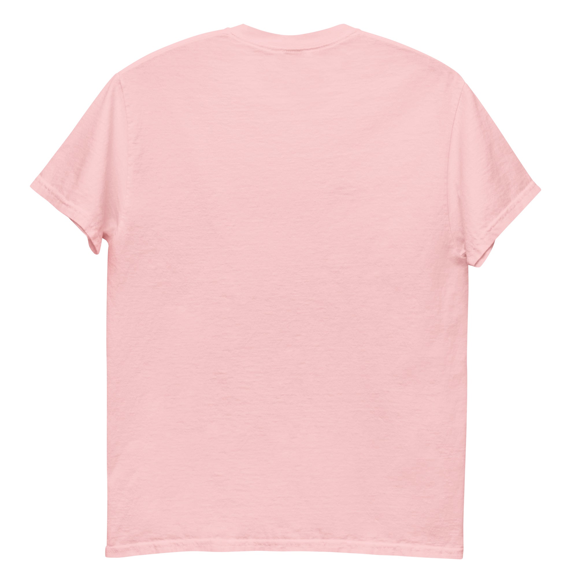 Back view of a plain pink t-shirt on a white background
