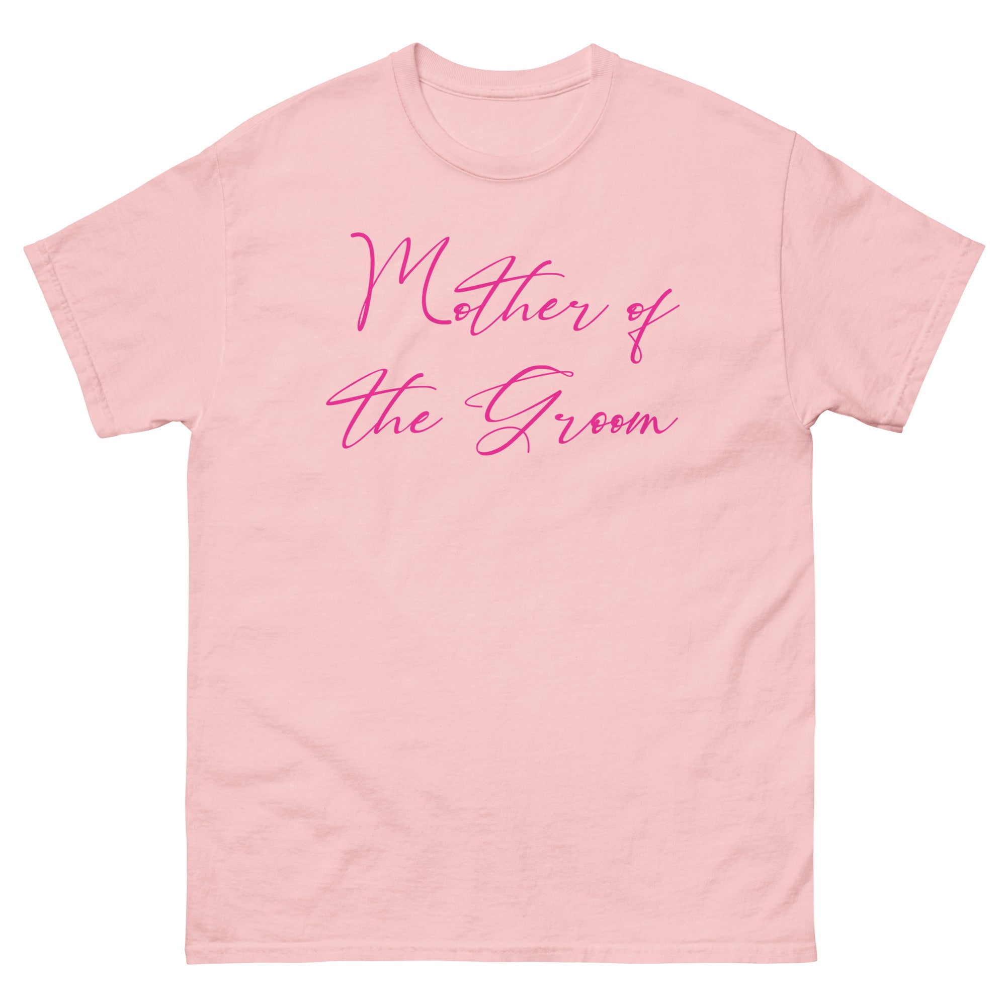 Pink t-shirt with 'Mother of the Groom' text in pink on a white background