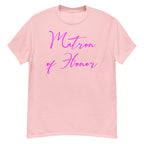Pink t-shirt with 'Matron of Honor' text in hot pink on a white background
