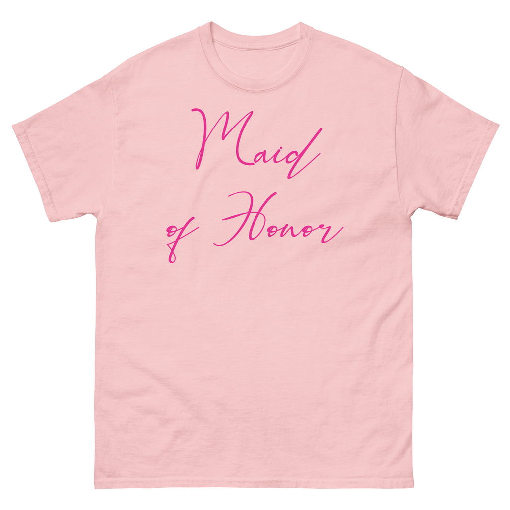 Pink t-shirt with 'Maid of Honor' text in pink on a white background