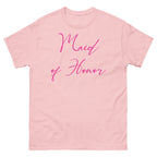 Pink t-shirt with 'Maid of Honor' text in pink on a white background