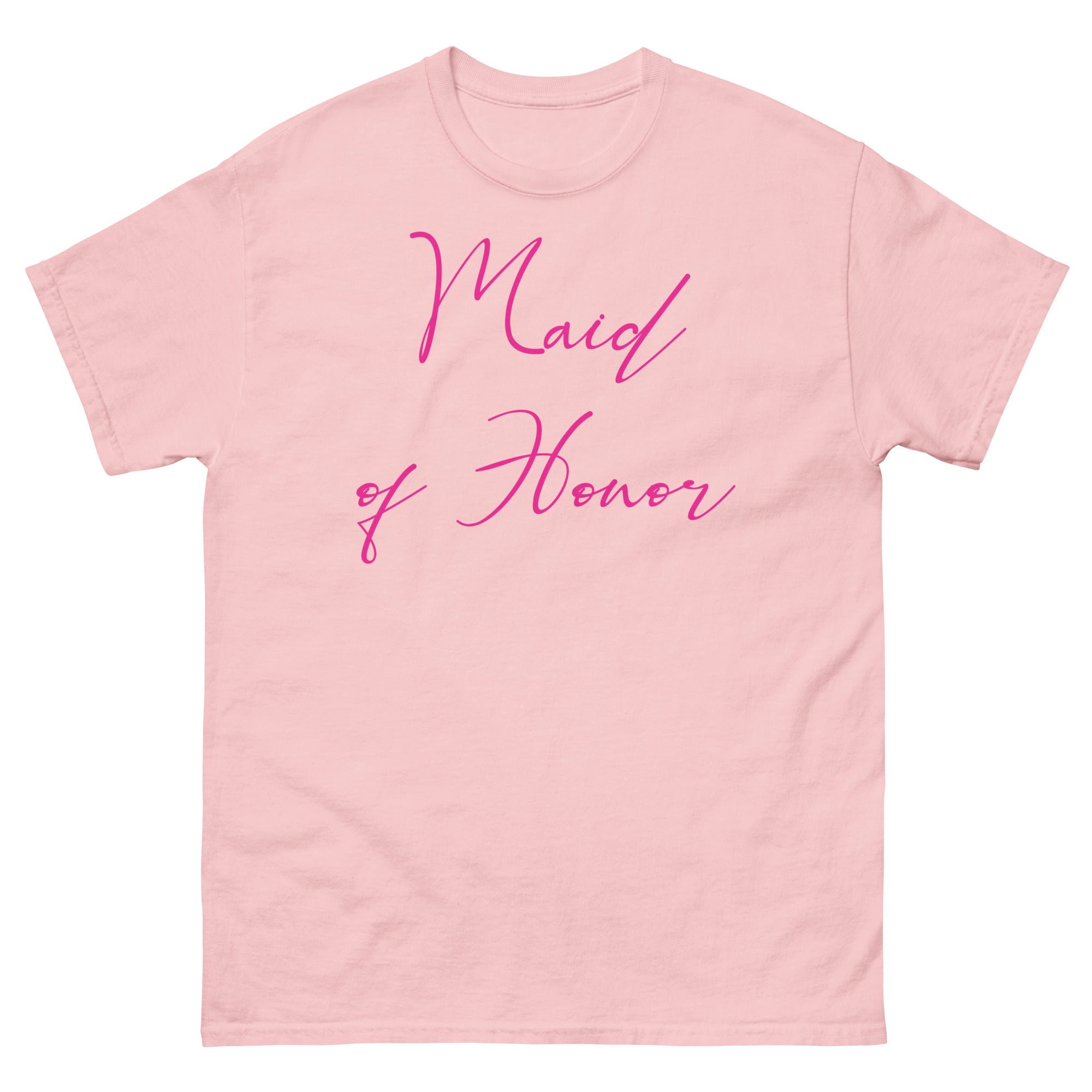 Pink t-shirt with 'Maid of Honor' text in pink on a white background