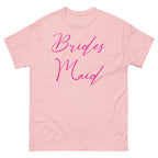 Pink t-shirt with 'Brides Maid' text in pink on a white background