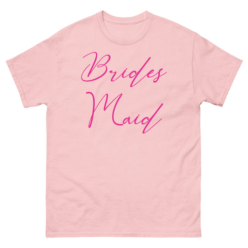 Pink t-shirt with 'Brides Maid' text in pink on a white background