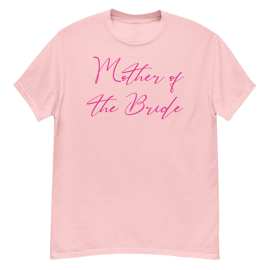 Pink t-shirt with 'Mother of the Bride' text in pink on a white background
