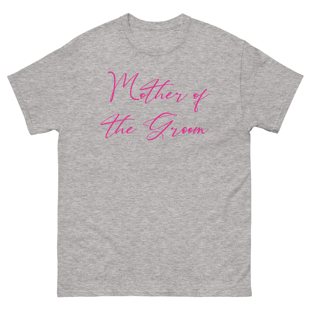 Sport Grey t-shirt with 'Mother of the Groom' text in pink on a white background