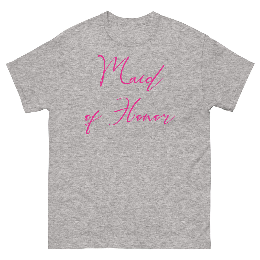 Sport Grey t-shirt with 'Maid of Honor' in pink text on a white background