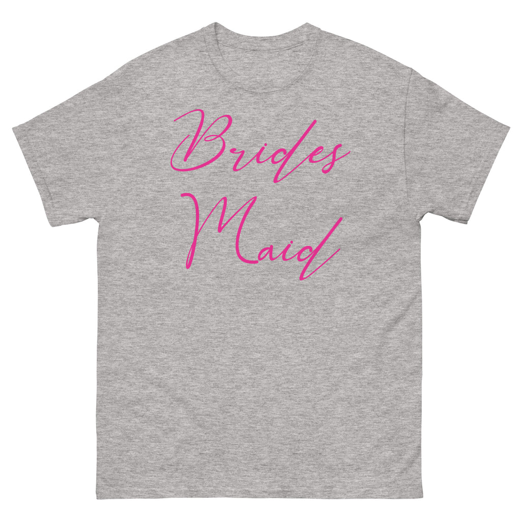 Sport Grey t-shirt with 'Brides Maid' in pink text on a white background