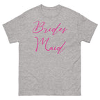 Sport Grey t-shirt with 'Brides Maid' in pink text on a white background
