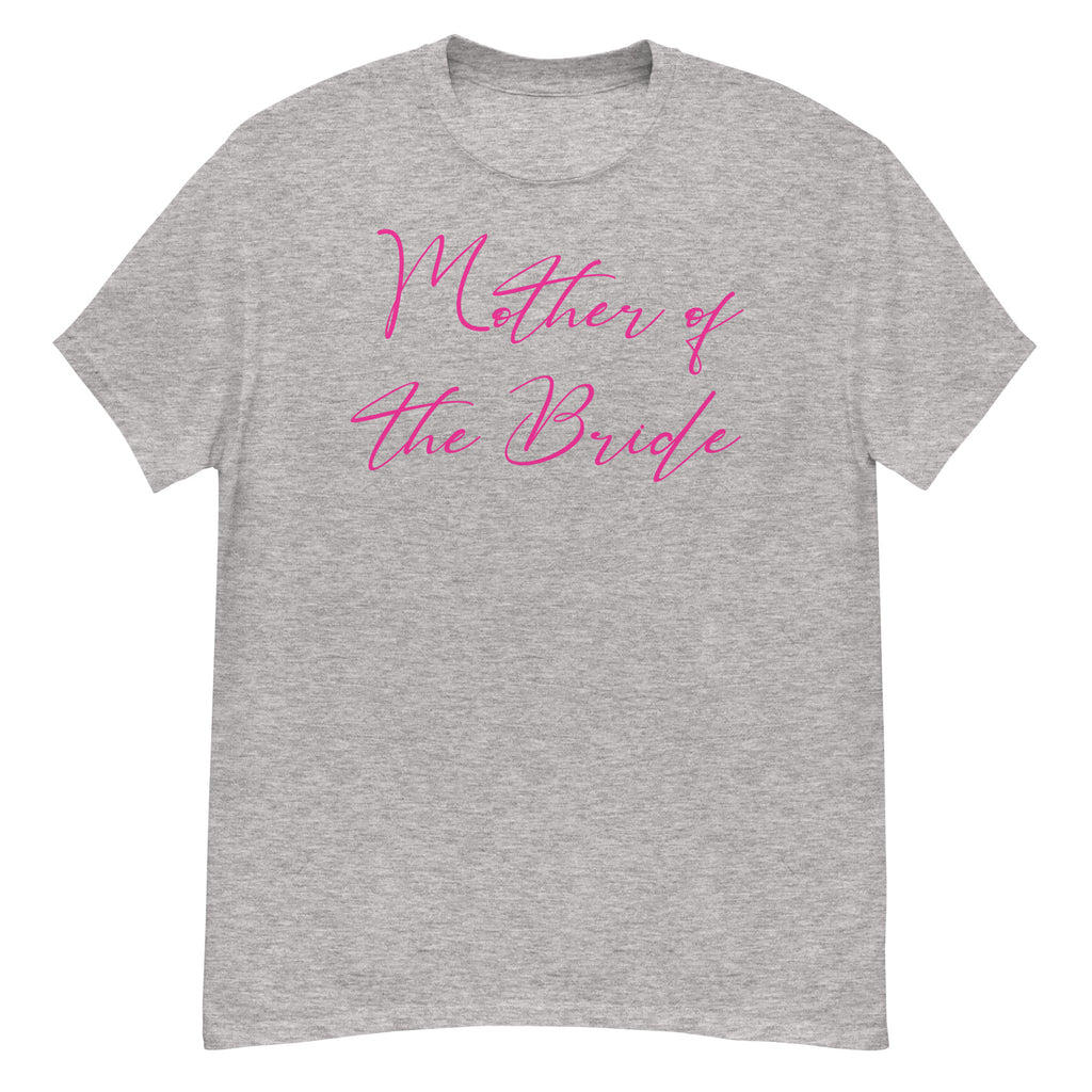 Sport Grey t-shirt with 'Mother of the Bride' text in pink on a white background