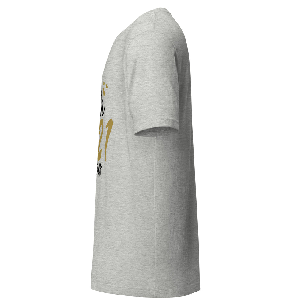 Left view of a athletic heather t-shirt on a white background