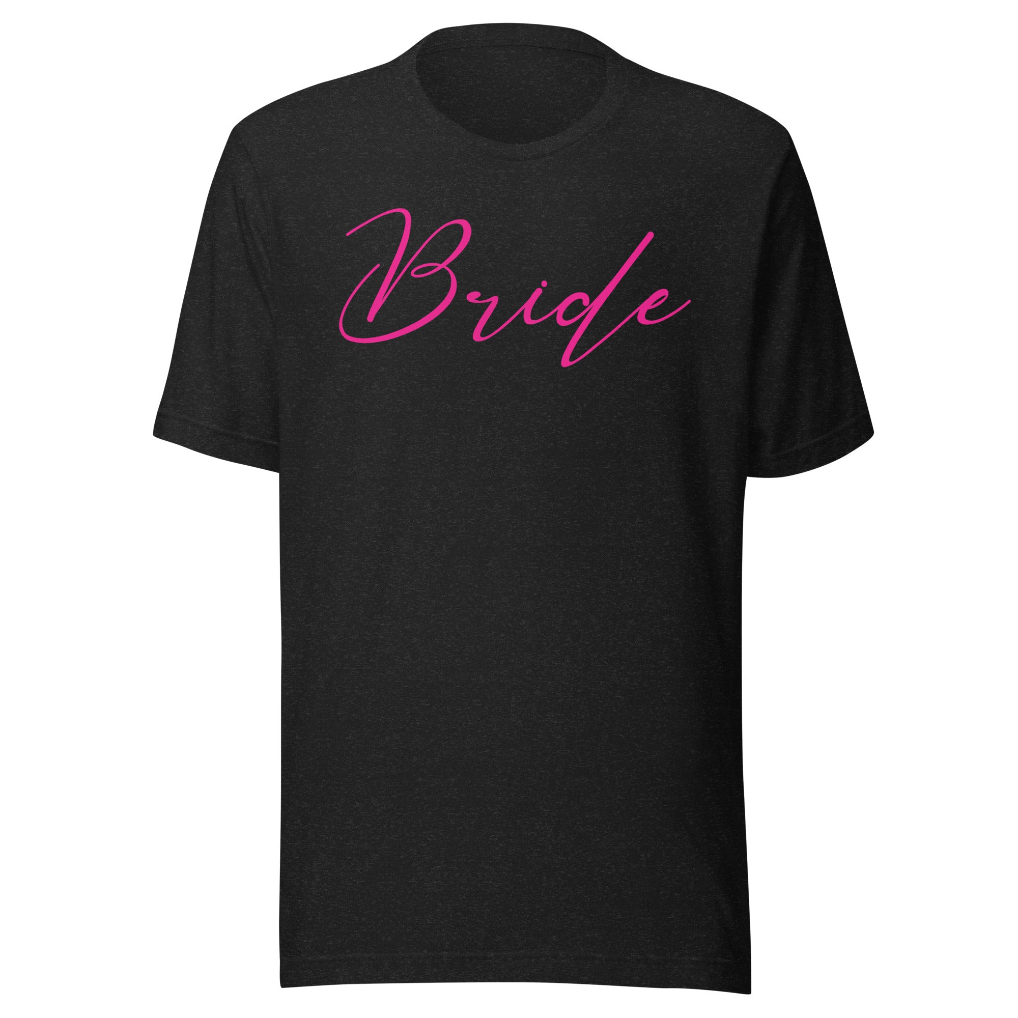 Black t-shirt with 'Bride' written in pink on a white background
