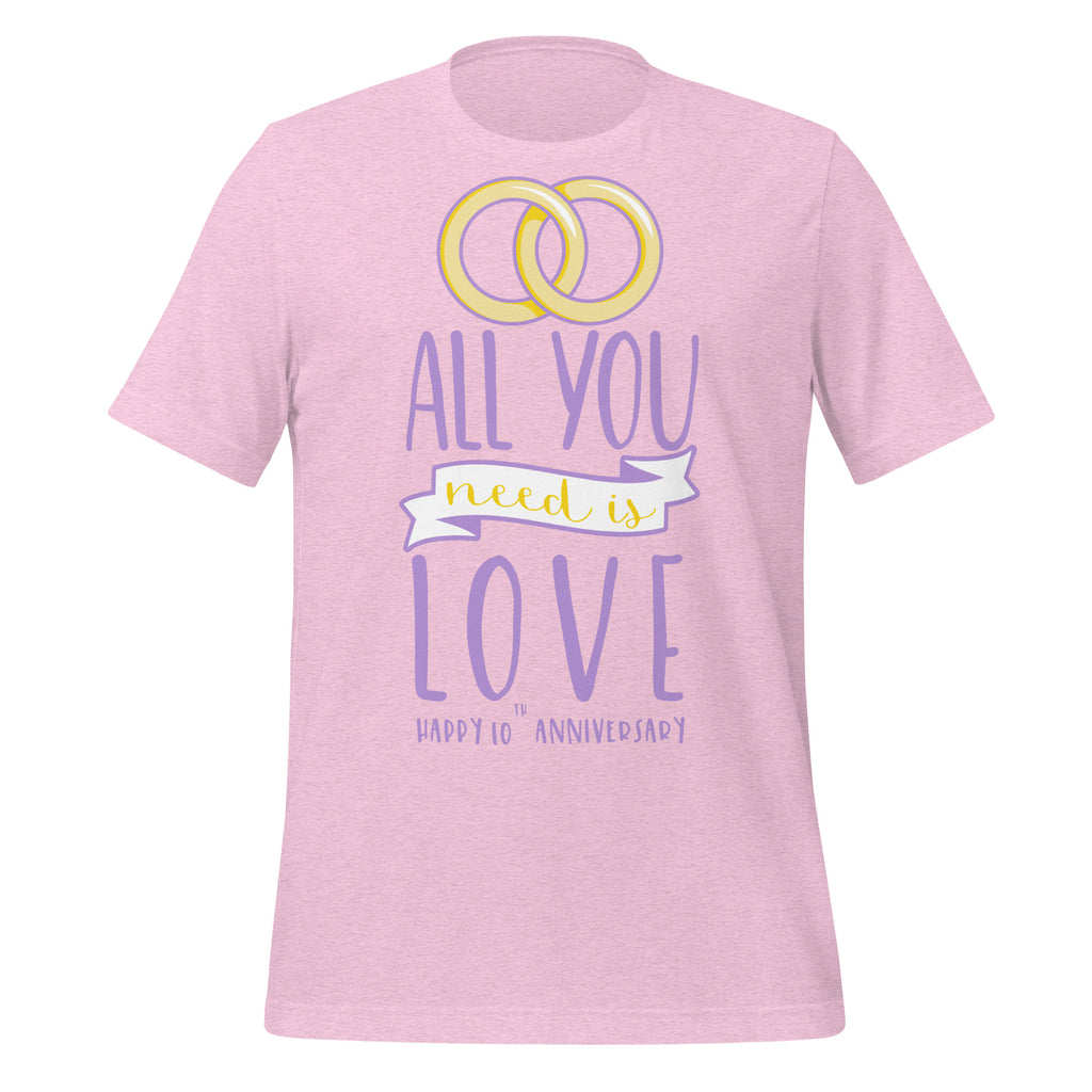 Heathered Pink t-shirt with 'All you need is love' text and wedding rings graphic on a white background