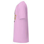Left view of a soft pink t-shirt on a white background