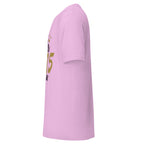 Left view of a lilac t-shirt on a white background