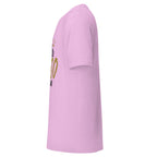 Left view of a lilac t-shirt on a white background