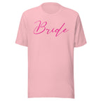 Pink t-shirt with 'Bride' text on a white background