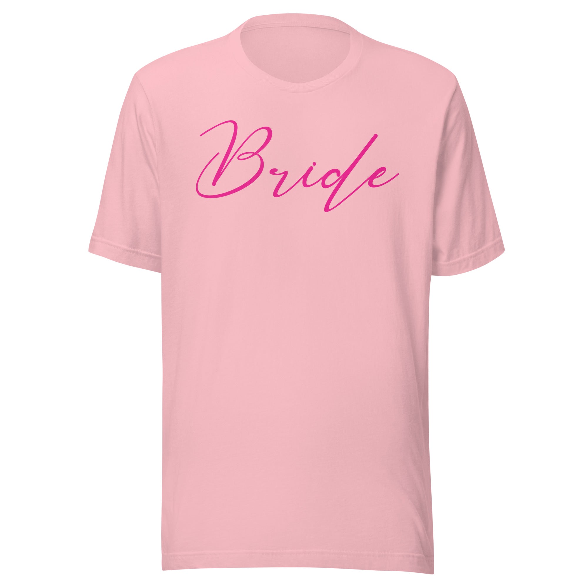 Pink t-shirt with 'Bride' text on a white background