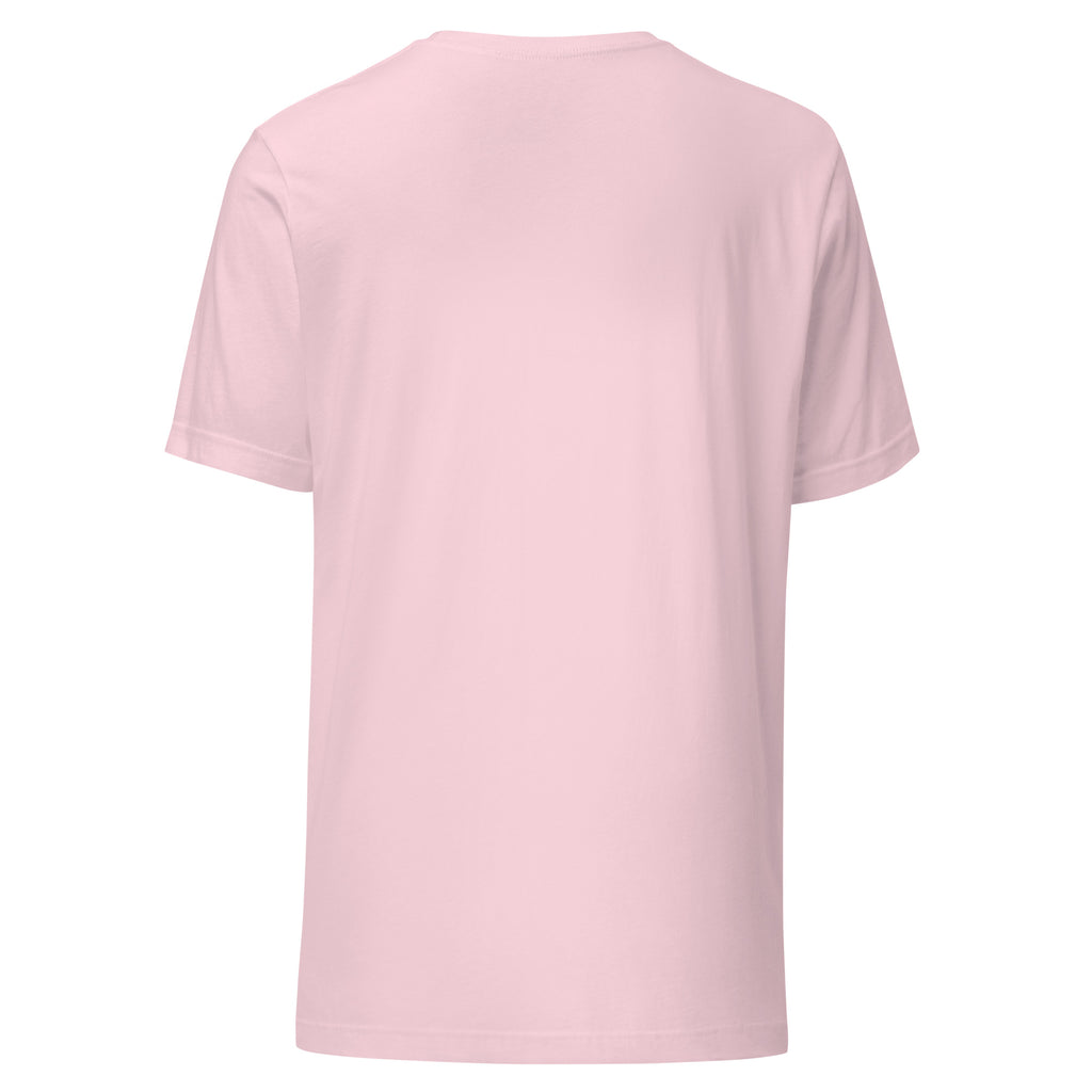 Back view of a soft pink t-shirt on a white background