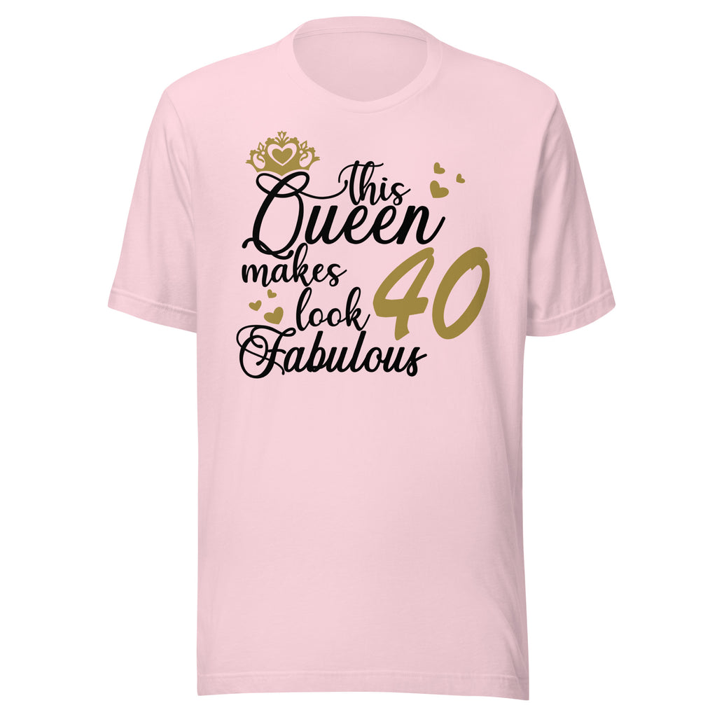 Lilac t-shirt with text 'This Queen makes look 40 fabulous' on a white background