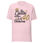 Lilac t-shirt with text 'This Queen makes look 40 fabulous' on a white background