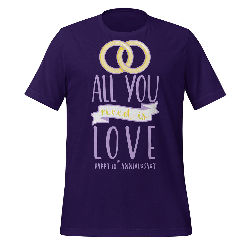 Purple t-shirt with 'All you need is love' text and wedding rings design on a white background