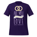Purple t-shirt with 'All you need is love' text and wedding rings design on a white background