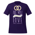 Purple t-shirt with 'All you need is love' text and wedding rings design on a white background