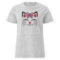 Gray t-shirt with a cat face design featuring an American flag bow on a white background