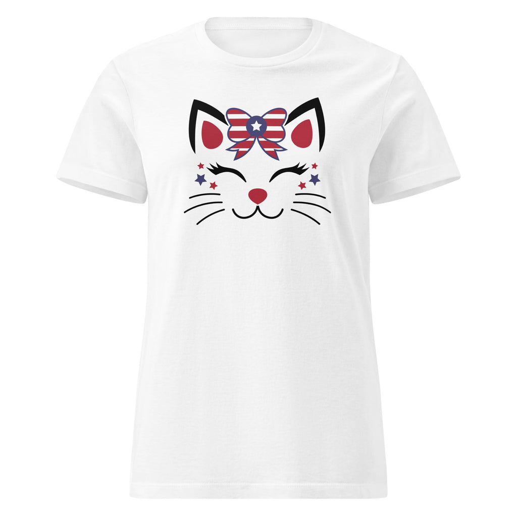White t-shirt with a cat face design wearing an American flag bow on a white background