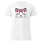 White t-shirt with a cat face design wearing an American flag bow on a white background