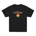 Black t-shirt with a graphic of a turkey and "There's A Little Turkey In My Mommy's Oven" text on a white background