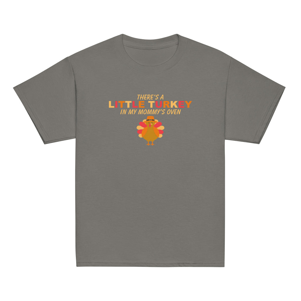 Charcoal t-shirt t-shirt with a graphic of a turkey and "There's A Little Turkey In My Mommy's Oven" text on a white background