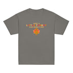 Charcoal t-shirt t-shirt with a graphic of a turkey and "There's A Little Turkey In My Mommy's Oven" text on a white background