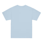 Back view of a light blue t-shirt on a white background
