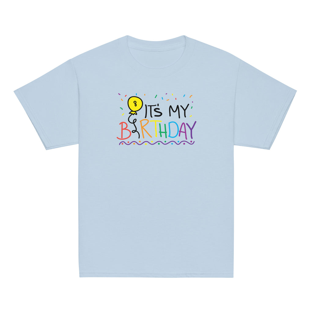 Light blue t-shirt with 'It's My 8th Birthday' text and colorful design on a white background