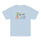 Light blue t-shirt with 'It's My 8th Birthday' text and colorful design on a white background