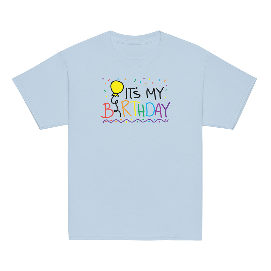 Light blue t-shirt with 'It's My Birthday' text and balloon graphic on a white background