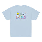 Light blue t-shirt with 'It's My Birthday' text and balloon graphic on a white background